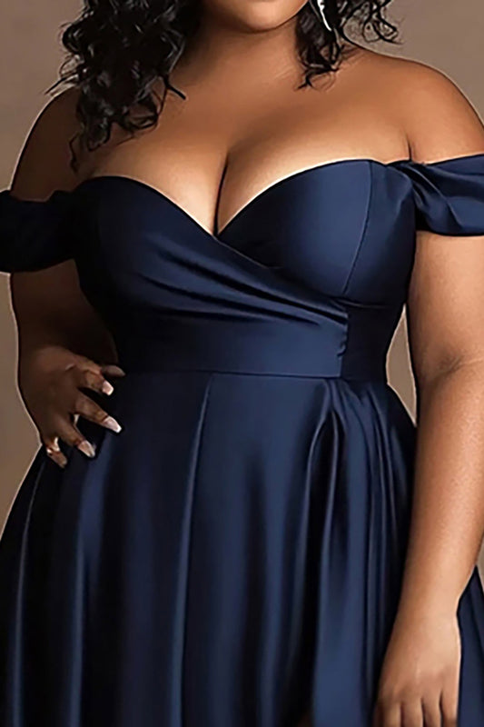 Off the Shoulder Navy Plus Size Long Satin Formal Dress with Slit