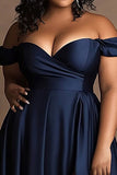 Off the Shoulder Navy Plus Size Long Satin Formal Dress with Slit