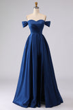 Off the Shoulder Navy Plus Size Long Satin Formal Dress with Slit