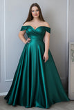 Plus Size Off the Shoulder Dark Green Long Satin Formal Dress