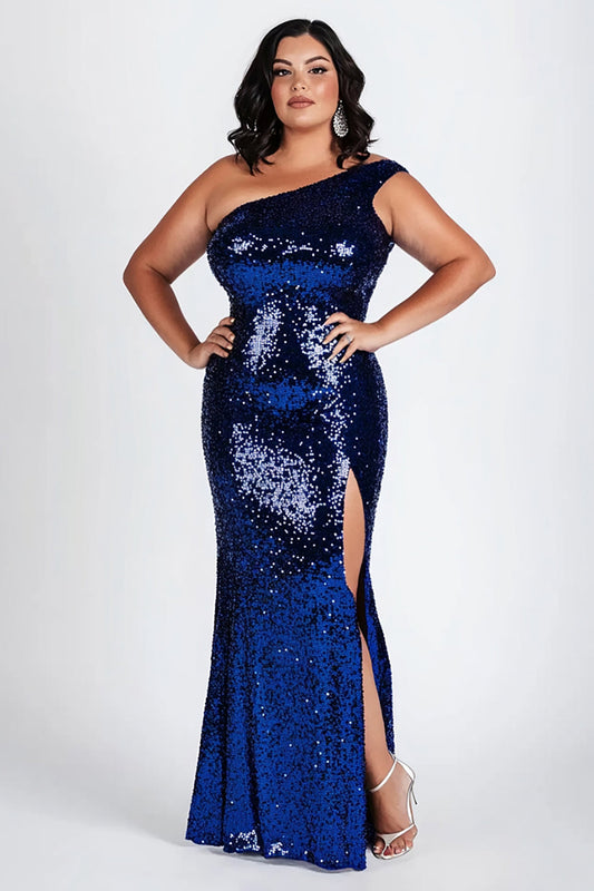 Plus Size One Shoulder Sparkly Dark Blue Long Sequins Formal Dress with Slit
