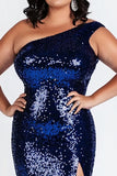 Plus Size One Shoulder Sparkly Dark Blue Long Sequins Formal Dress with Slit