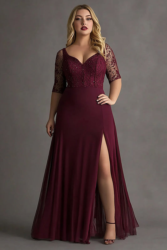 Plus Size Satin A Line Embroideried Burgundy Formal Dress with Slit