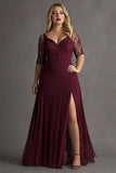 Plus Size Satin A Line Embroideried Burgundy Formal Dress with Slit