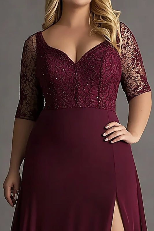 Plus Size Satin A Line Embroideried Burgundy Formal Dress with Slit