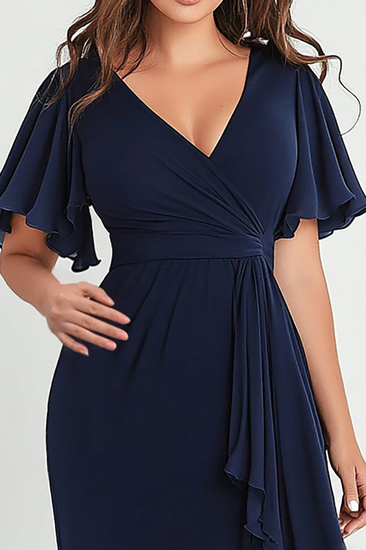 Long Chiffon Navy Plus Size V-Neck Formal Dress with Short Sleeves