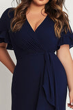 Navy Short Sleeves V-Neck Long Plus Size Formal Dress