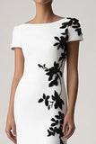 Appliqued White Sheath Long Formal Dress with Short Sleeves