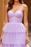 Lilac Spaghetti Straps Tiered Long Prom Dress with Slit