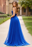 A Line Royal Blue Lace Long Prom Dress with Slit