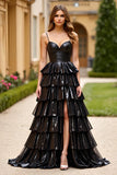 Black Glitter Tiered A Line Long Prom Dress with Slit