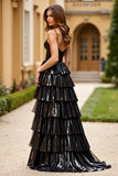 Black Glitter Tiered A Line Long Prom Dress with Slit