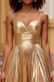 Glitter Gold A Line Sweetheart Long Prom Dress with Slit