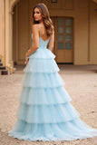 Sky Blue Tiered Ball Gown Tulle Long Prom Dress
