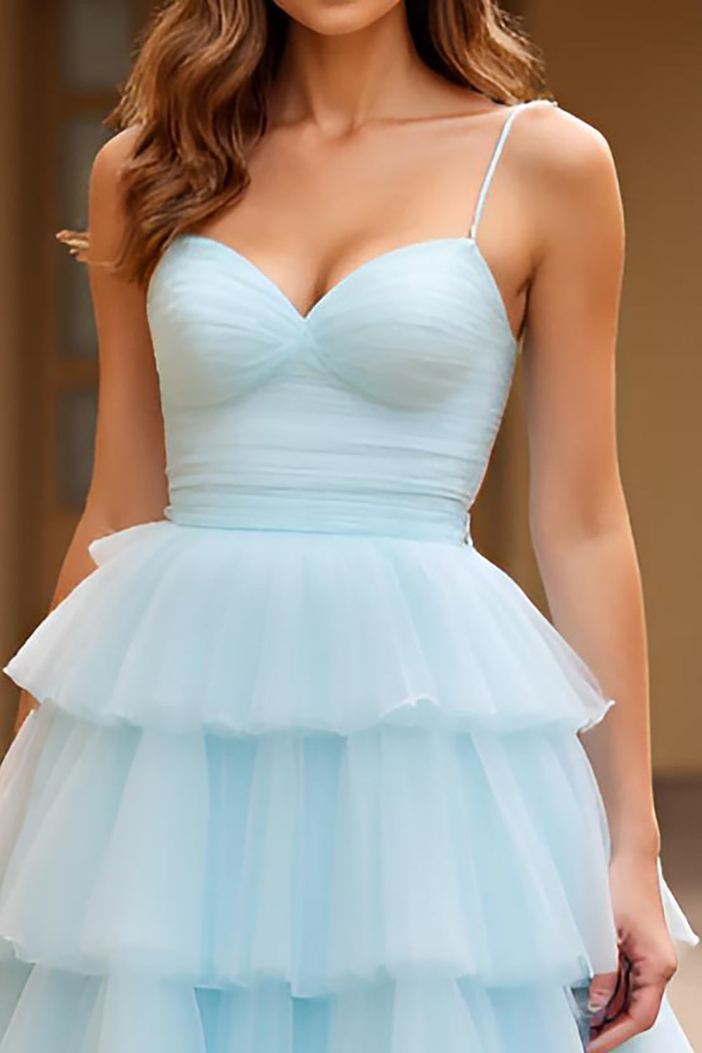Sky Blue Tiered Ball Gown Tulle Long Prom Dress