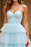 Sky Blue Tiered Ball Gown Tulle Long Prom Dress