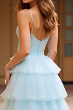 Sky Blue Tiered Ball Gown Tulle Long Prom Dress