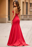 Red Strapless Lace Satin Long Prom Dress with Slit