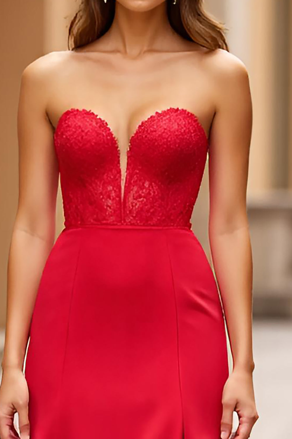 Red Strapless Lace Satin Long Prom Dress with Slit