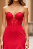 Red Strapless Lace Satin Long Prom Dress with Slit