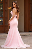 Pink Lace Spaghetti Straps Long Prom Dress