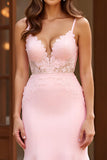Pink Lace Spaghetti Straps Long Prom Dress