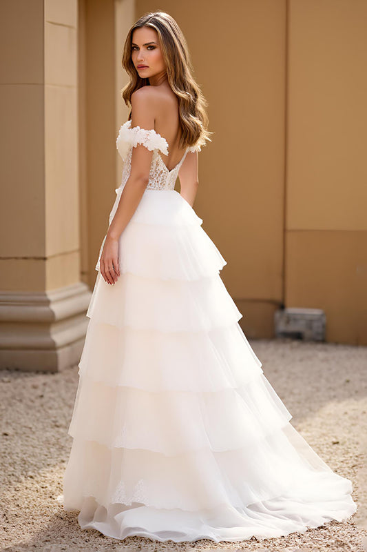 Off the Shoulder White A Line Lace Long Prom Dress with Slit