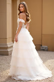 Off the Shoulder White A Line Lace Long Prom Dress with Slit