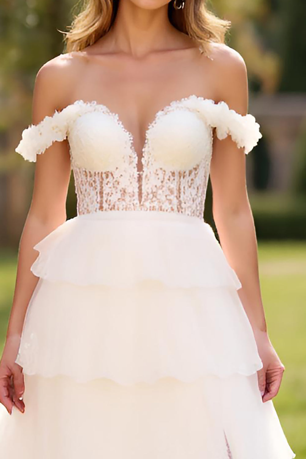 Off the Shoulder White A Line Lace Long Prom Dress with Slit