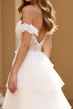 Off the Shoulder White A Line Lace Long Prom Dress with Slit