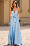 Sky Blue Bow V-Neck Satin Long Prom Dress