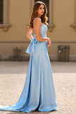Sky Blue Bow V-Neck Satin Long Prom Dress