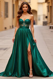 A Line Dark Green Strapless Long Prom Dress with Slit