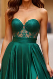 A Line Dark Green Strapless Long Prom Dress with Slit