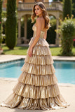 Glitter Gold Square Neck Long Prom Dress with Slit