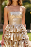 Glitter Gold Square Neck Long Prom Dress with Slit