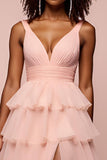 Pink Deep V-Neck Tiered Long Prom Dress with Slit