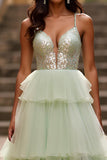 Light Green Tulle Tiered A Line Long Prom Dress with Slit