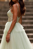 Light Green Tulle Tiered A Line Long Prom Dress with Slit