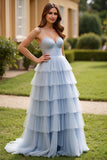Tulle Light Blue Spaghetti Straps Long Prom Dress