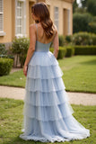 Tulle Light Blue Spaghetti Straps Long Prom Dress