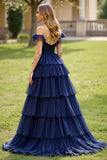 Navy Off the Shoulder Lace A Line Long Prom Dress with Slit