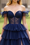 Navy Off the Shoulder Lace A Line Long Prom Dress with Slit