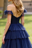 Navy Off the Shoulder Lace A Line Long Prom Dress with Slit