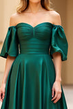 Dark Green A Line Satin Long Prom Dress with Slit
