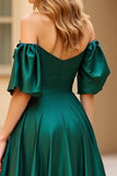 Dark Green A Line Satin Long Prom Dress with Slit