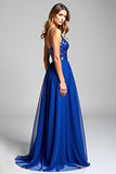 Royal Blue Chiffon V-Neck A Line Long Prom Dress