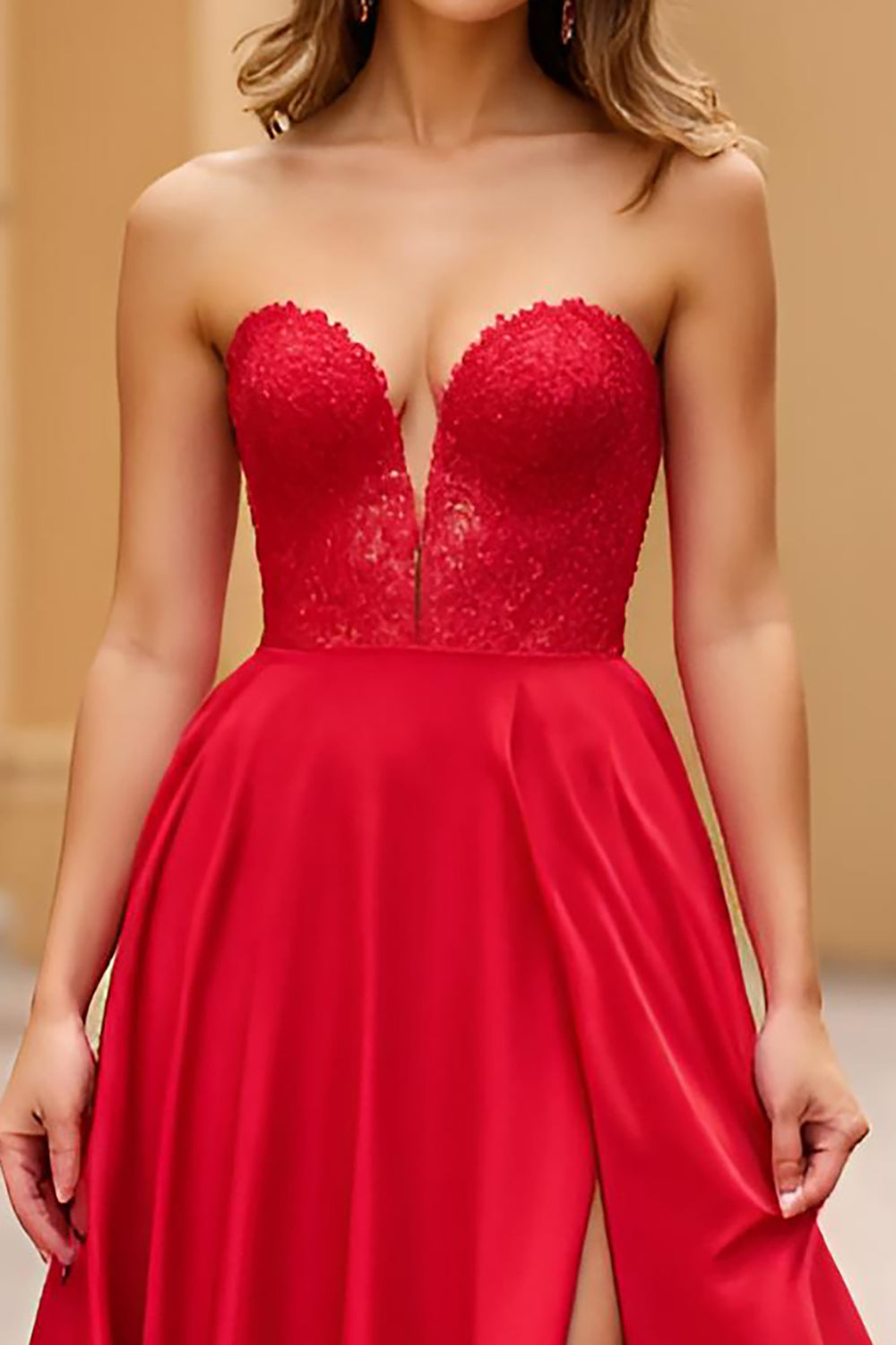 Red Long Strapless Satin Prom Dress with Slit