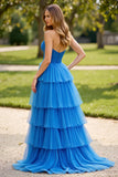 Blue Long A Line Strapless Prom Dress with Slit