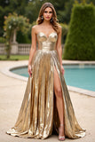 Gold Glitter A Line Pleated Long Prom Dress with Slit